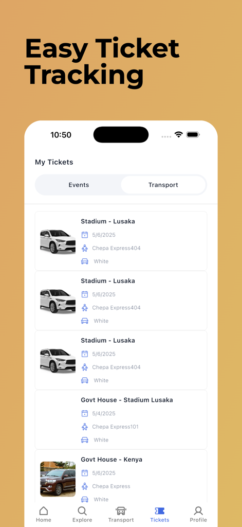 Chepa Ticket - Interface do aplicativo Chepa Ticket mostrando uma lista de passagens de transporte reservadas com detalhes de destino e datas