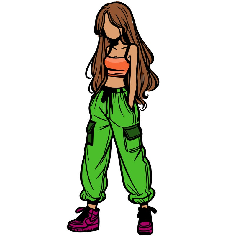 girl in baggy pants crop top and long hair