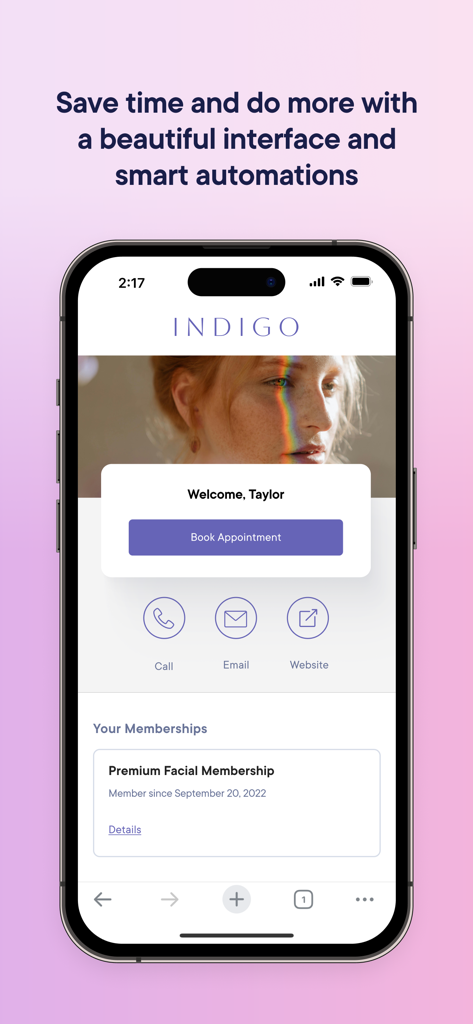 Mangomint salon management app interface showing online booking and client membership details on a mobile device