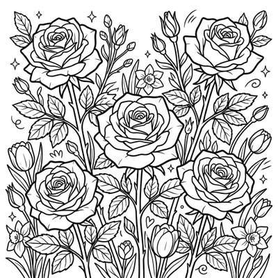 Immerse yourself in the fresh beauty of springtime with this exquisite coloring page featuring elegant Hybrid Tea roses. Surrounded by budding leaves and other cheerful blossoms, this design offers a delightful escape for all ages.