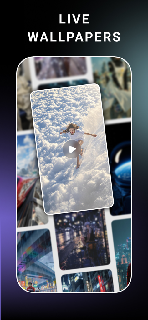 A gallery of live wallpapers from the StoryZ app featuring a woman surfing on a sea of clouds