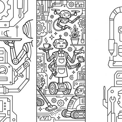 Bring a world of helpful robots to life with this charming coloring page, perfectly designed to become your next favorite bookmark. Each detailed bot is ready for your creative touch, making reading even more fun!
