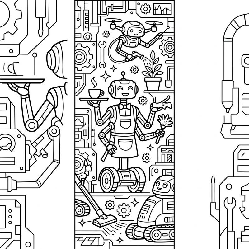 Bring a world of helpful robots to life with this charming coloring page, perfectly designed to become your next favorite bookmark. Each detailed bot is ready for your creative touch, making reading even more fun!