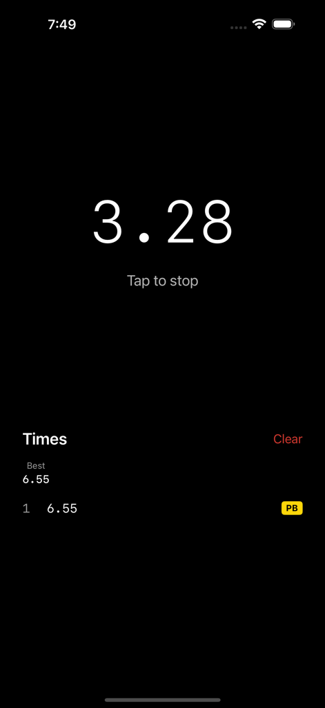 Cube-Timer - Cube-Timer app interface showing a running timer at 3.28 seconds with a personal best record in dark mode.