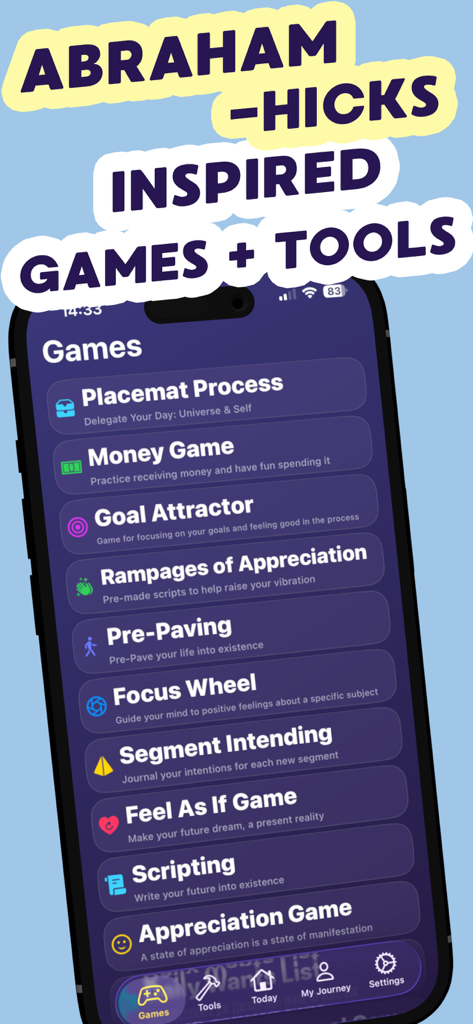 エイブラハム・ヒックスにインスパイアされた、引き寄せの法則ツールボックスアプリの引き寄せゲームのリスト