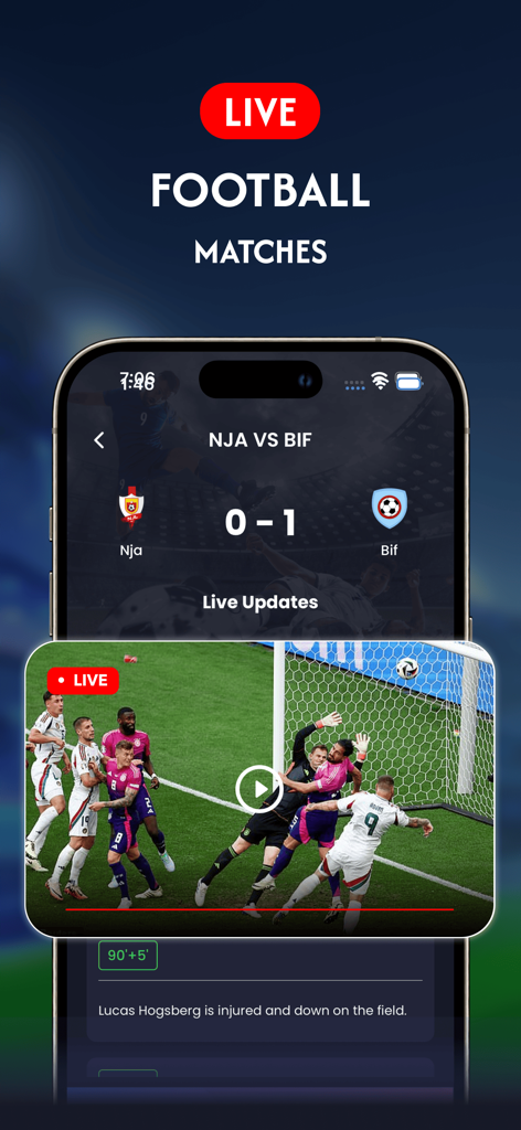 Live Football TV : HD Sports - A smartphone showing the live score of a football match with real-time text updates and a video highlight window.
