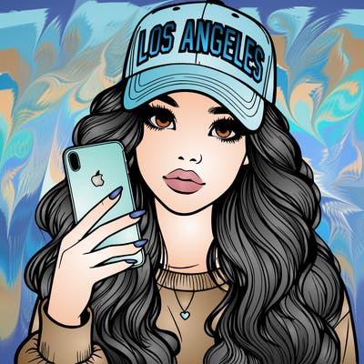 realistic beautiful girl wearing los ángeles cap holding an iphone
