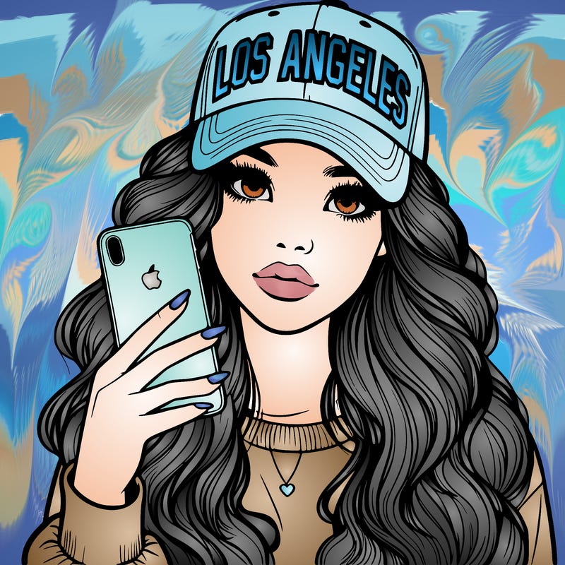 realistic beautiful girl wearing los ángeles cap holding an iphone