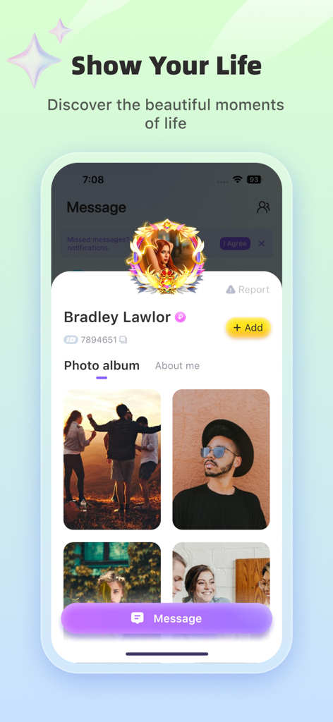 Gala - Social chat - User profile screen on the Gala social chat app showing a photo album and message options