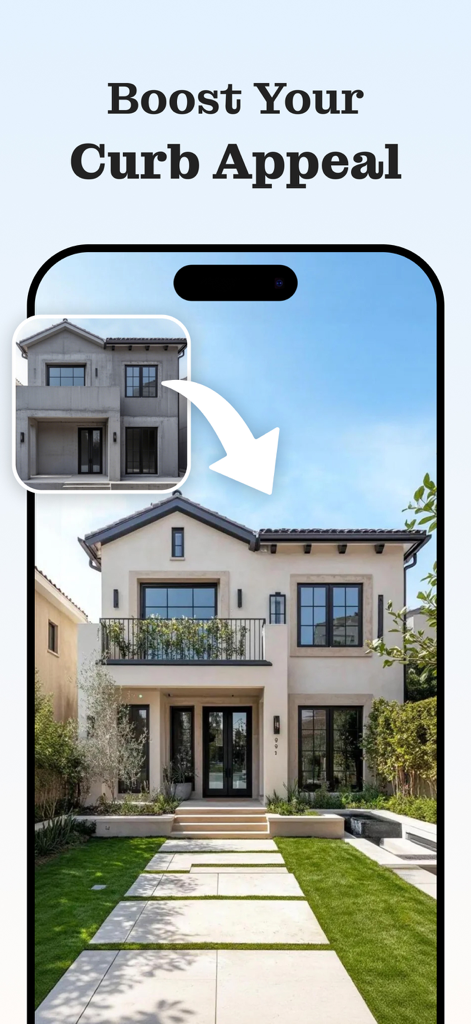 Homely AI - Interior Design - Reforma externa de casa com tecnologia de IA mostrando uma transformação de uma fachada cinza simples para uma casa moderna com paisagismo aprimorado.
