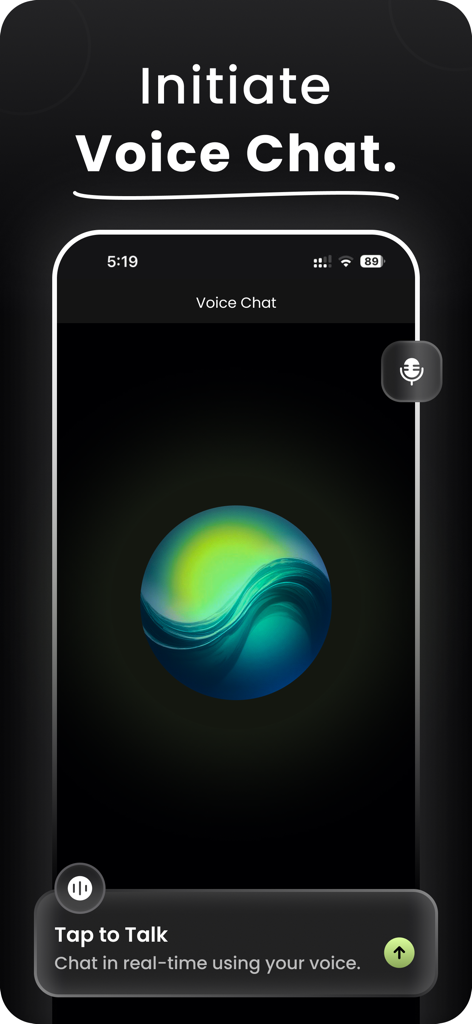 Gronk AI voice chat interface with a glowing sphere and tap to talk button for real-time voice interaction.