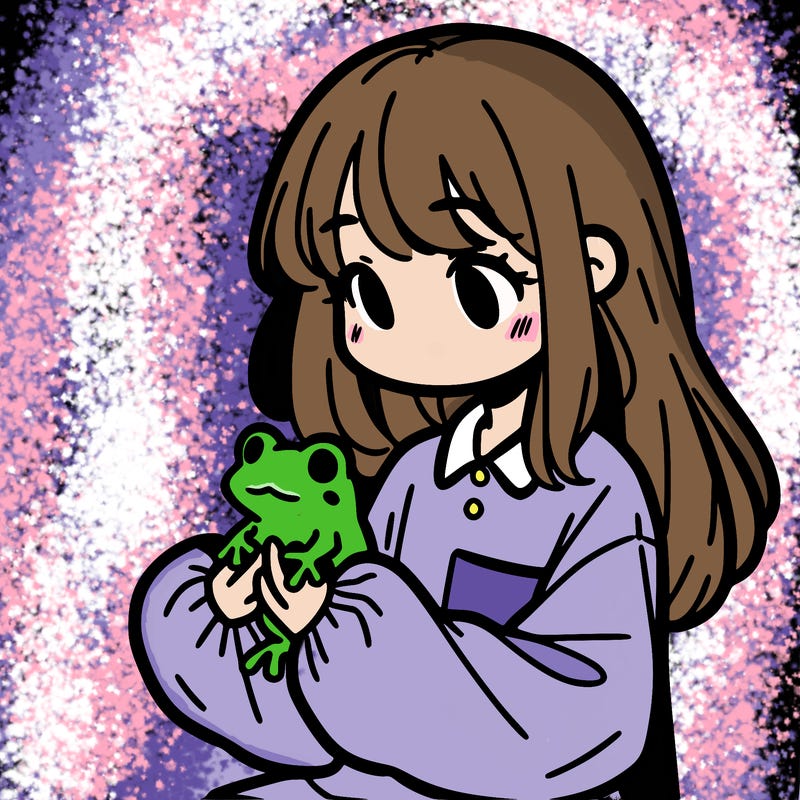 girl with long hair and a oversized shirt. and she is holding a frog