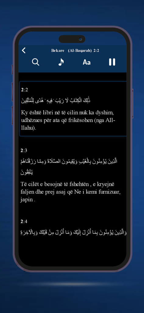 Feja ISLAME - Quran reading interface displaying Arabic verses with Albanian translation in the Feja ISLAME mobile app