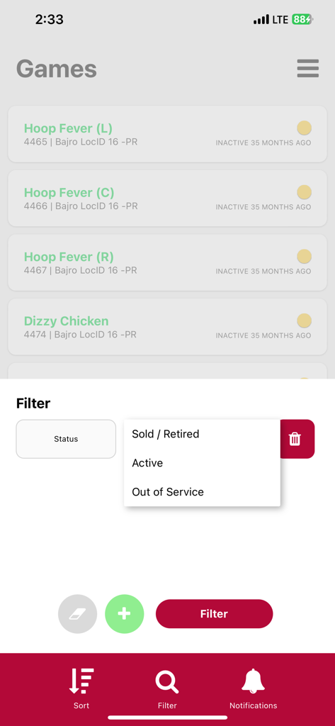 Intercard iService App - Filtering arcade games by status in the Intercard iService technician app