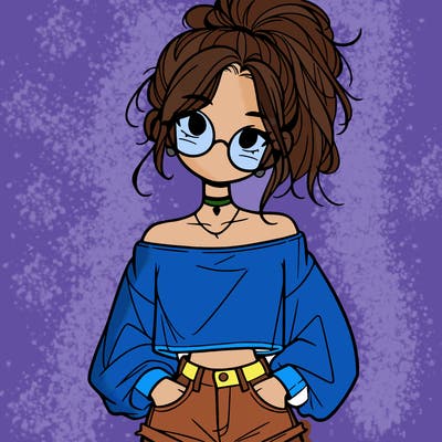 girl with a messy ponytail glasses a baggy crop top and jean shorts