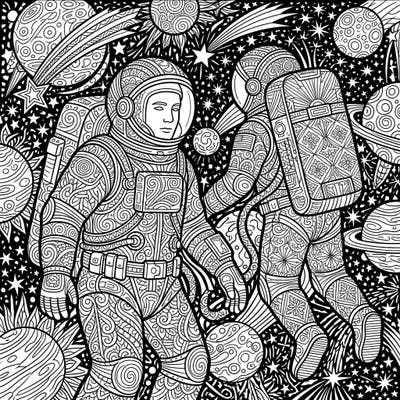 Embark on an epic cosmic journey with this captivating Zentangle coloring page featuring two brave NASA astronauts. Explore a universe brimming with intricate details as you bring this stellar scene to life with your colors.