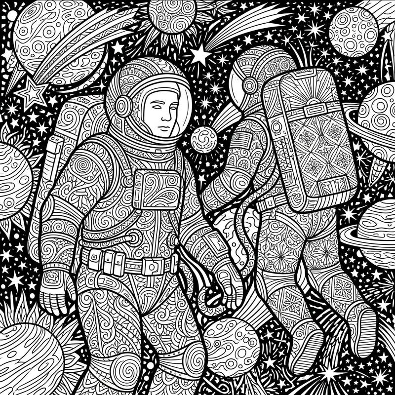 Embark on an epic cosmic journey with this captivating Zentangle coloring page featuring two brave NASA astronauts. Explore a universe brimming with intricate details as you bring this stellar scene to life with your colors.