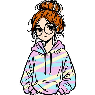 teen girl with a messy bun and glasses wearing a loose hoodie and jeans