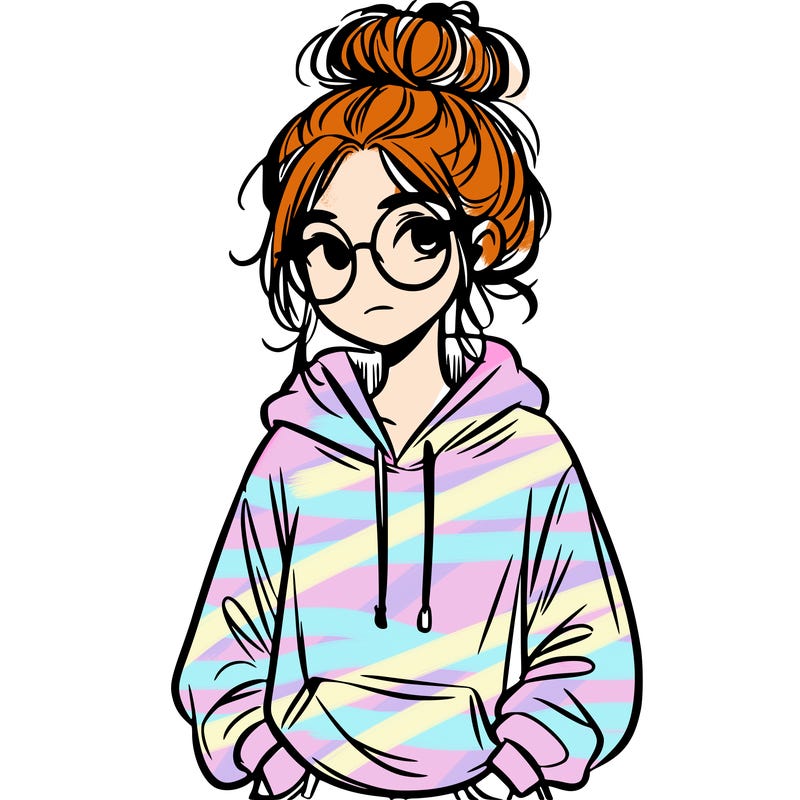 teen girl with a messy bun and glasses wearing a loose hoodie and jeans