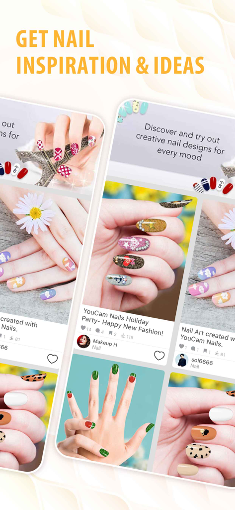 A community feed within the YouCam Nails app showing diverse creative nail art designs and user inspiration.