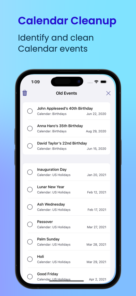Captura de pantalla de la función de limpieza de calendario que muestra una lista de eventos antiguos y días festivos para identificar y eliminar.