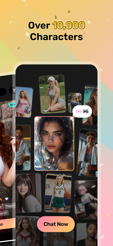 Chatr AI: Chat, Play, Fantasy - Una interfaz de aplicación móvil que muestra una cuadrícula de diversos retratos de personajes de IA con el texto Más de 10000 Personajes y un botón Chatear ahora.