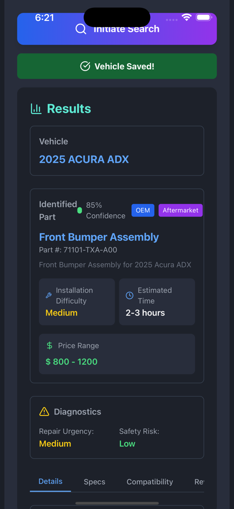 Interface of the PartSpotter app displaying search results for a 2025 Acura ADX front bumper assembly with estimated price and installation time