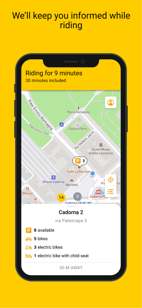 bikeMi - Pantalla de la aplicación móvil bikeMi mostrando un mapa y el estado del viaje en Milán