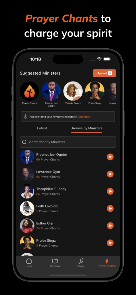 Spirit Nerds - Spirit Nerds app screen showing a list of prayer chants and suggested ministers