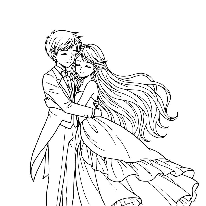 anime boy, girl, hugging the girl has really long hair. the boy is in a tuxedo. the girl is in a ball gown.