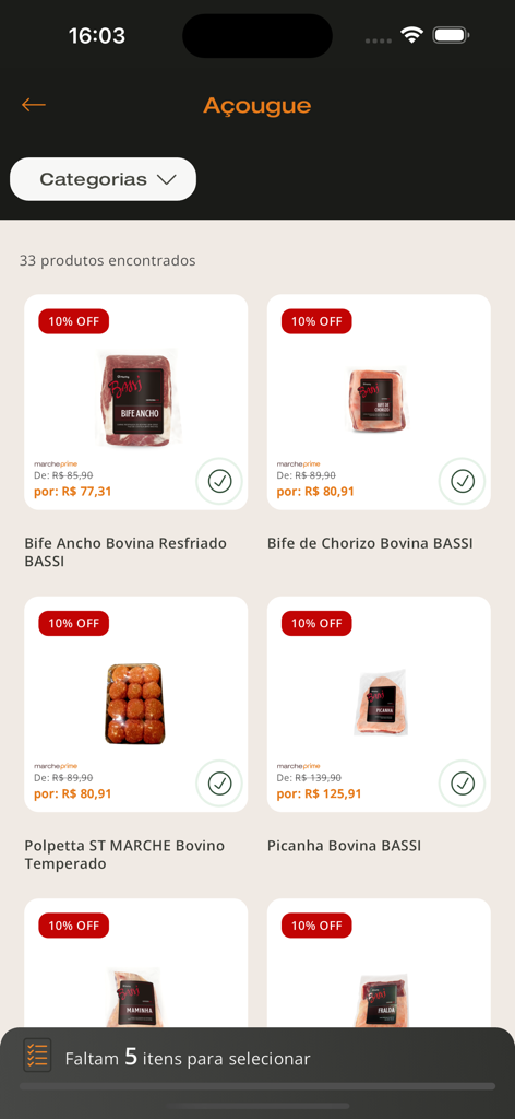 St Marche app butcher section displaying premium meat products with 10 percent discount tags