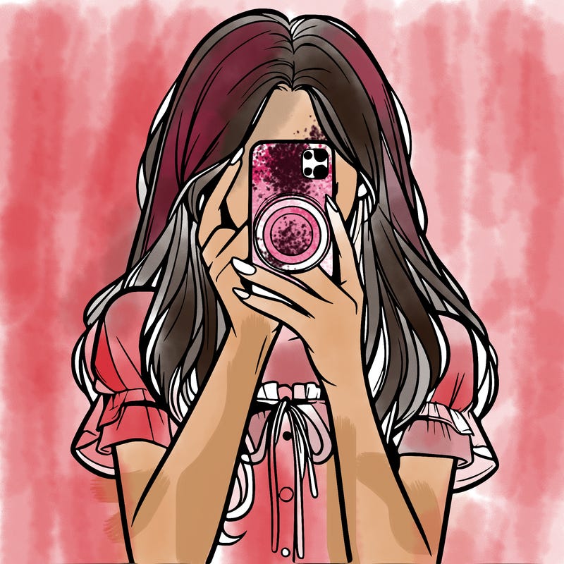 a realistic girl holding her phone taking pictures