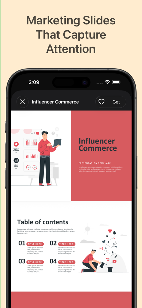 Toolbox for Google Slides - Una pantalla de smartphone que muestra una plantilla de presentación profesional de marketing de comercio de influencers dentro de la aplicación Toolbox para Google Slides.