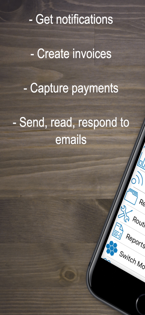 Standard ERP - Standard ERP mobile app listing features including invoice creation payment capture and email management