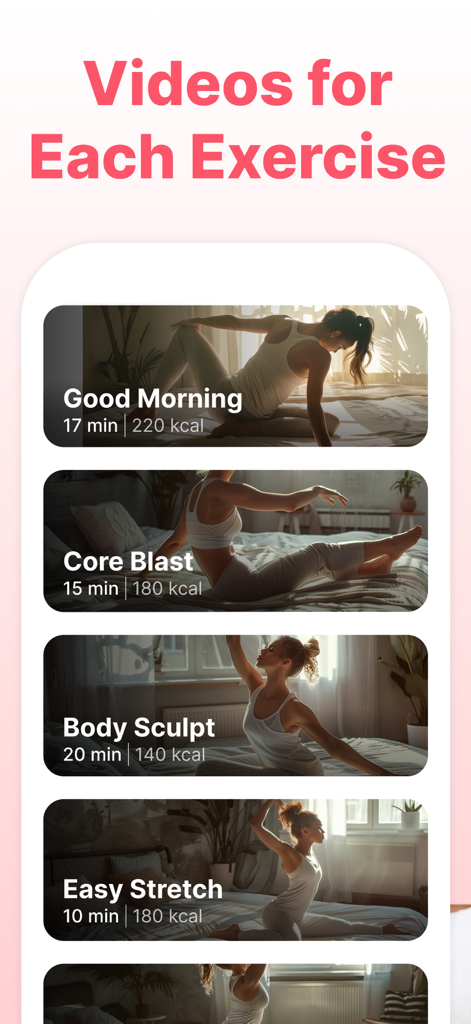 SheFit: Home Workout for Women - Interface of the SheFit app displaying a variety of video-guided exercise routines including Good Morning and Core Blast for bed workouts