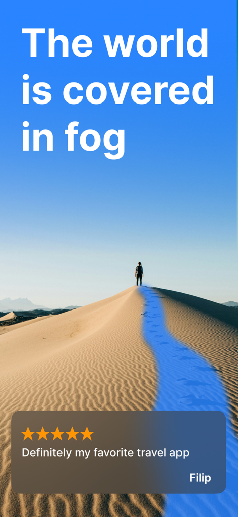 Been To - Track Your Places - A person walking on a sand dune with a blue trail representing travel tracking and a five star review from Filip