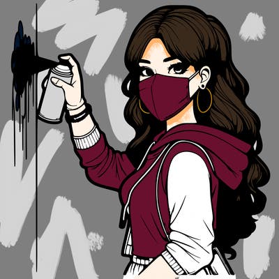 realistic girl with mask spray painting a wall