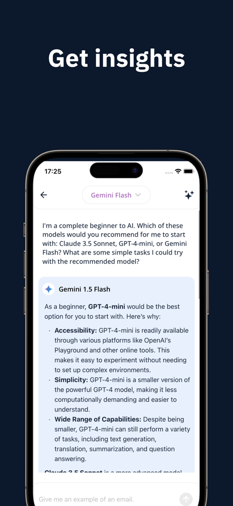 Interface de l'application Hub AI montrant l'agent de chat Gemini Flash fournissant des informations sur les modèles d'IA
