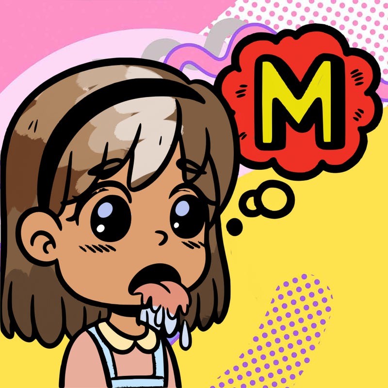 girl drooling with a thinking bubble that has a large m inside