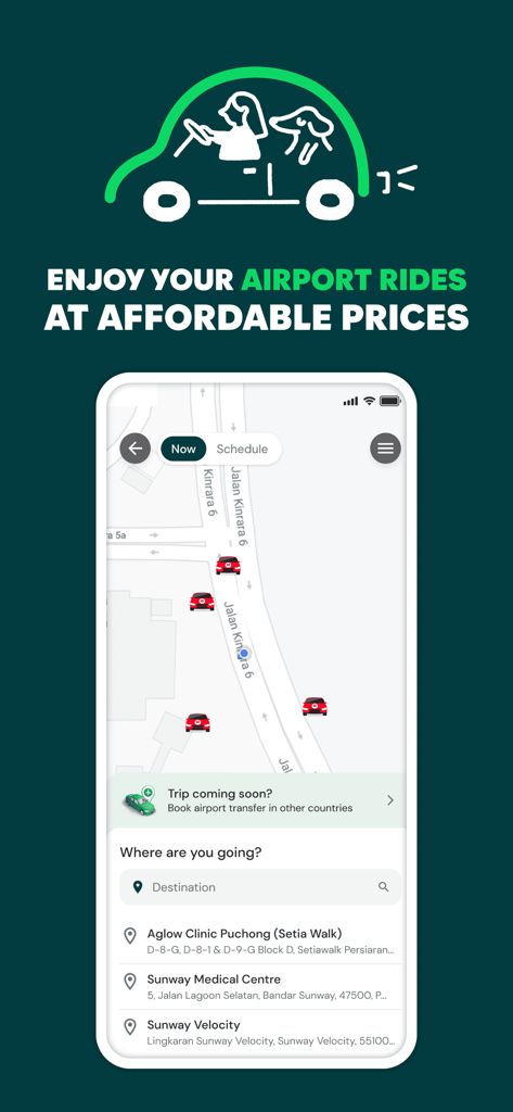 Interfaccia dell'app AirAsia MOVE per prenotare comodi transfer aeroportuali