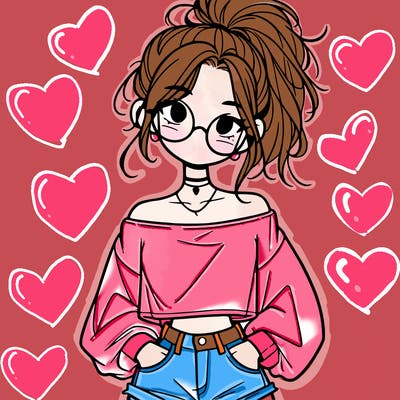 girl with a messy ponytail glasses a baggy crop top and jean shorts