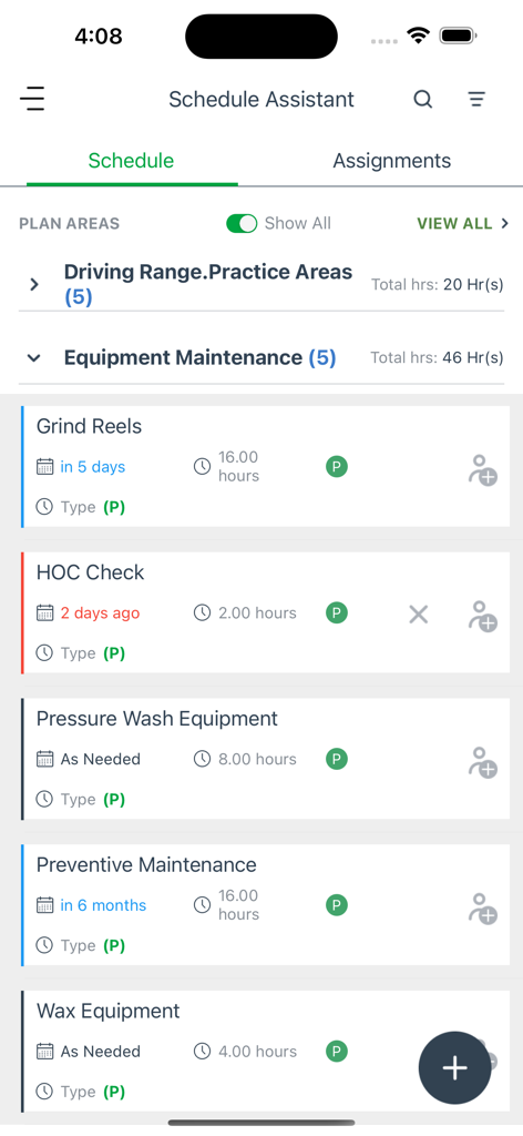 Turf Assistant app Schedule Assistant screen displaying equipment maintenance tasks and schedules