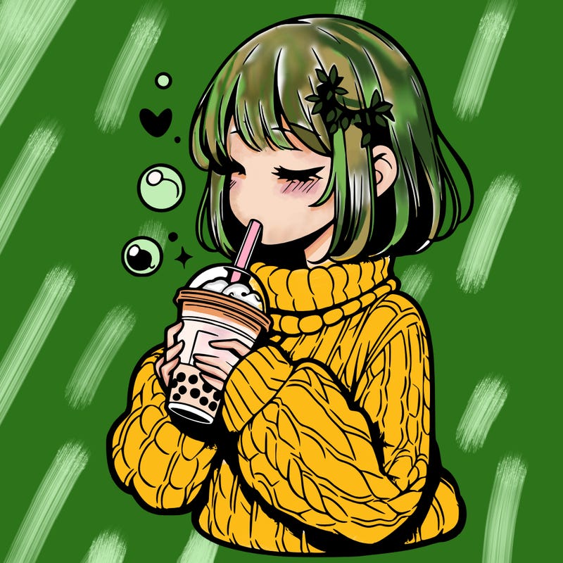 manga girl drinking boba in cozy sweater