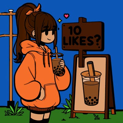 girl with oversized hoodie drinking boba and she has a high ponytail with a sign that says 10likes?