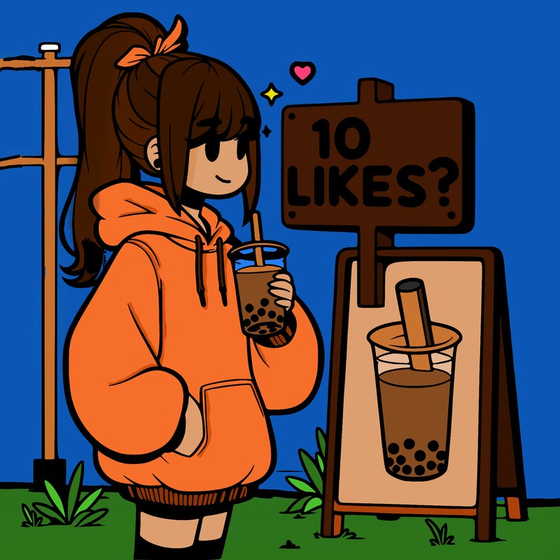 girl with oversized hoodie drinking boba and she has a high ponytail with a sign that says 10likes?
