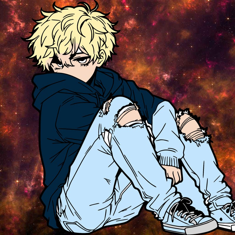 a male hoddie ripped jeans messy hair anime