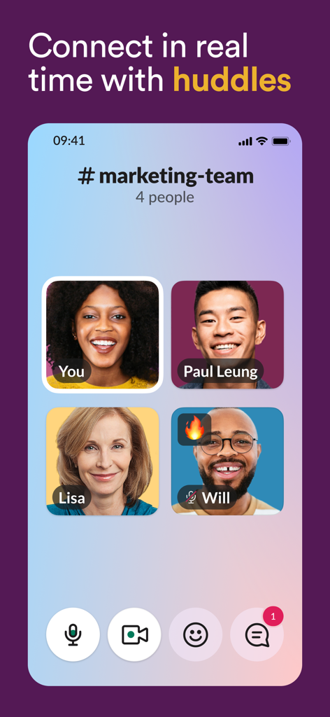 A video huddle in the Slack for EMM app featuring four team members in real-time communication