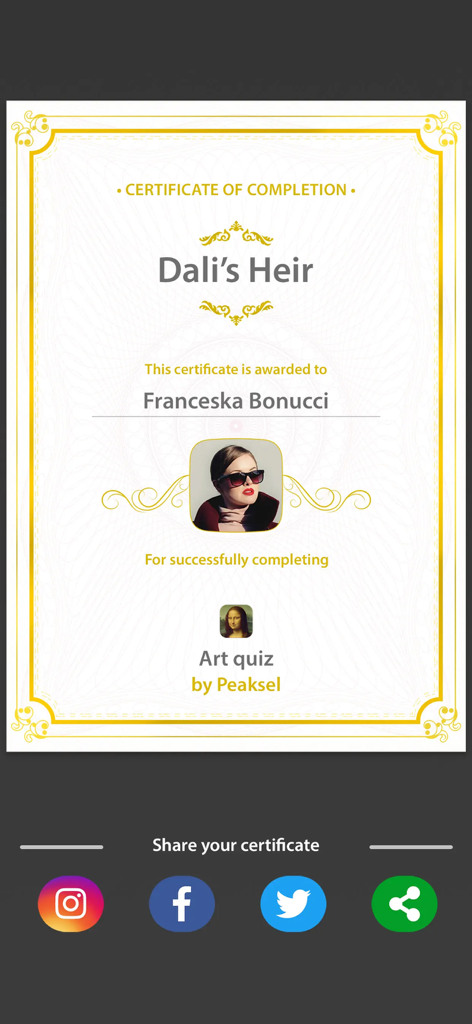 Art Challenge: Quiz Game - Un certificado digital de finalización del juego de preguntas Art Challenge titulado El Heredero de Dalí con botones para compartir en redes sociales.