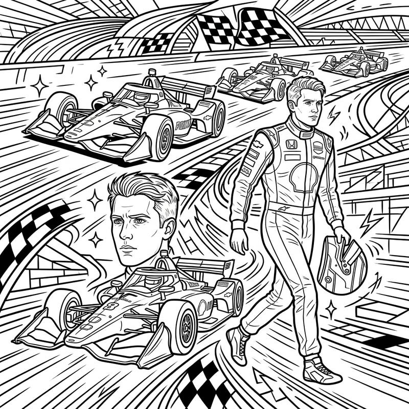 Get ready to race with our thrilling IndyCar Drivers coloring page, featuring high-speed action and dynamic racer portraits. This intricate design is perfect for teens looking to challenge their coloring skills and bring the world of open-wheel racing to life.
