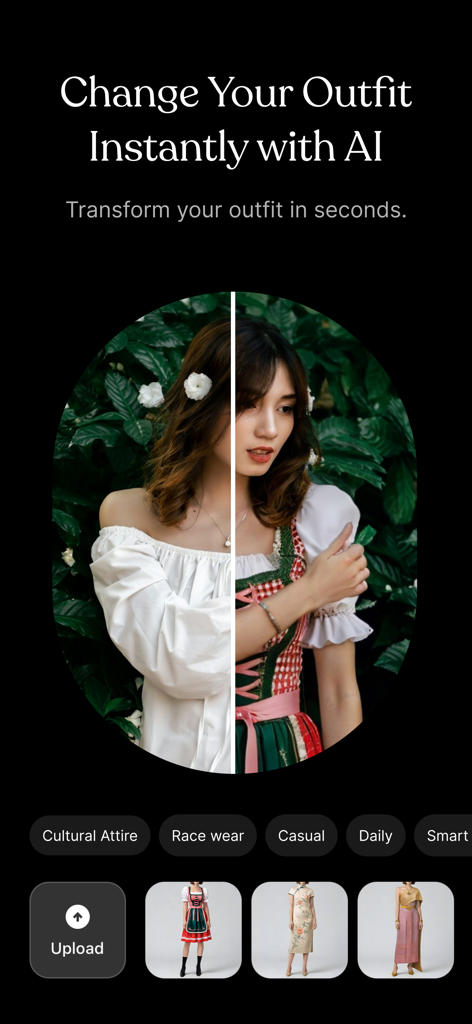 Remo・Remove Objects from Photo - AI outfit changer feature in Remo app showing a before and after comparison of a womans clothing